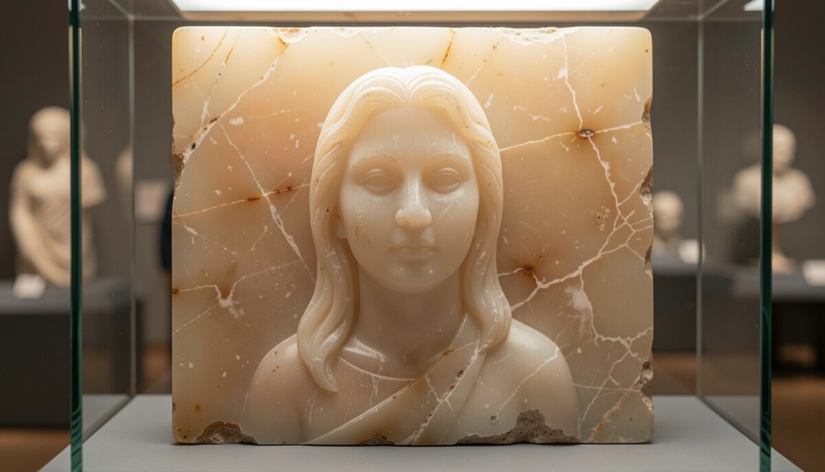 A close-up photograph of a carved alabaster panel displayed in a museum case, showing a shallow relief of a figure with delicate facial features and a polished, slightly translucent surface that catches warm light from above.