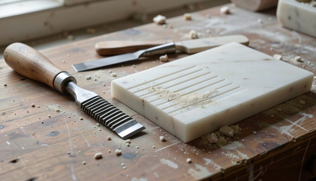 A close-up photograph of a stone carver's workbench in natural daylight: a claw chisel with a row of parallel teeth lying beside a flat chisel on a dusty wooden bench, with short parallel tool marks visible on a pale marble offcut and fine stone dust settled in the grooves.