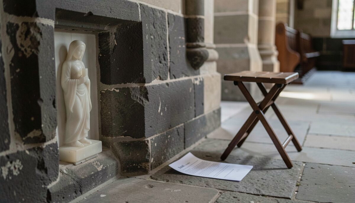 A softly lit chapel side aisle at close range, showing a small pale translucent carved figure panel set against dark stone, with a single sheet of paper and a folding stool resting on the flagstone floor nearby.