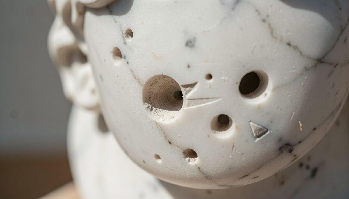 A close-up photograph of a marble sculpture's surface showing several circular drill holes of varying diameters, with fine concentric striations visible inside one hole and a small chisel mark nearby, lit from the side to reveal shadow depth.