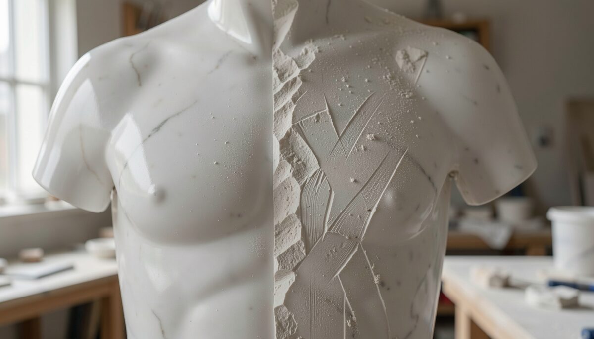 A close, softly lit photograph of a partially polished white marble torso in a workshop, showing a clear boundary between a glossy, light-reflecting finished area and a rougher, chisel-marked section, with dust and fine stone powder in the tool marks.