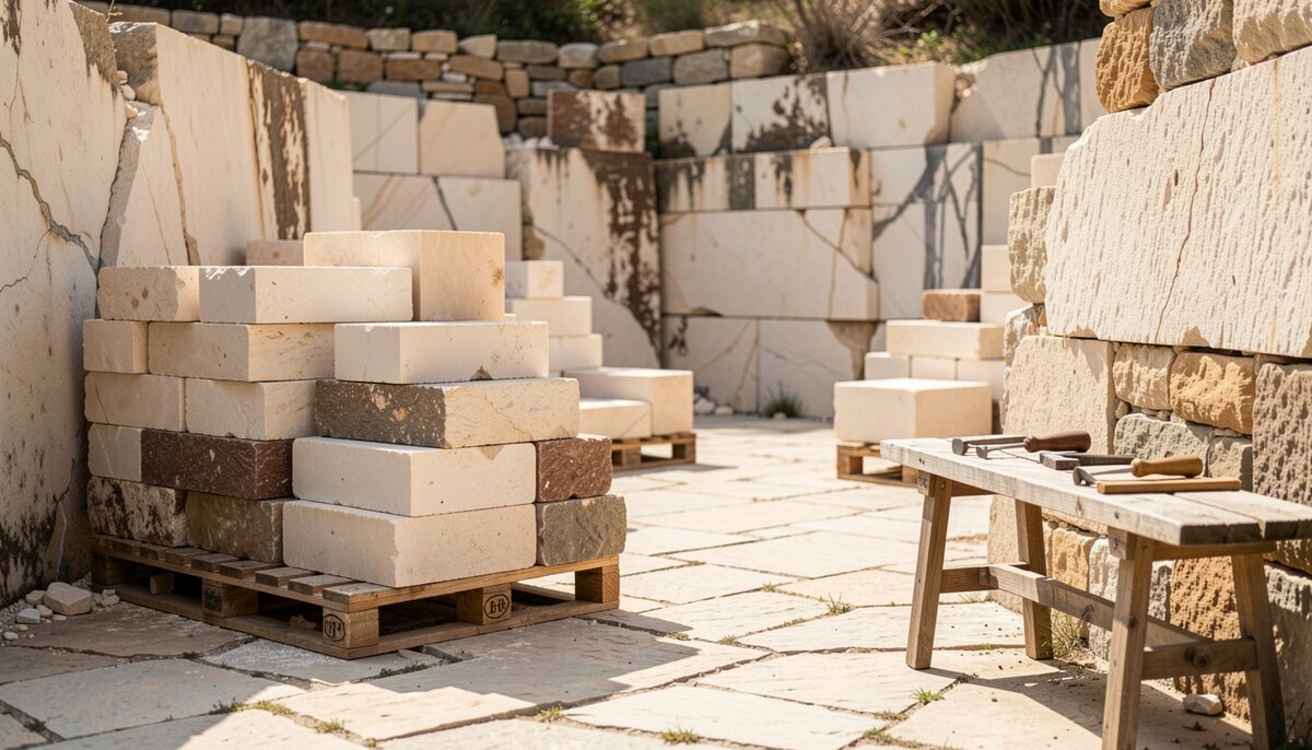 A sunlit stone yard with sawn blocks of pale limestone and a darker sandstone stacked on wooden pallets, with a weathered quarry wall and hand tools resting on a nearby bench.