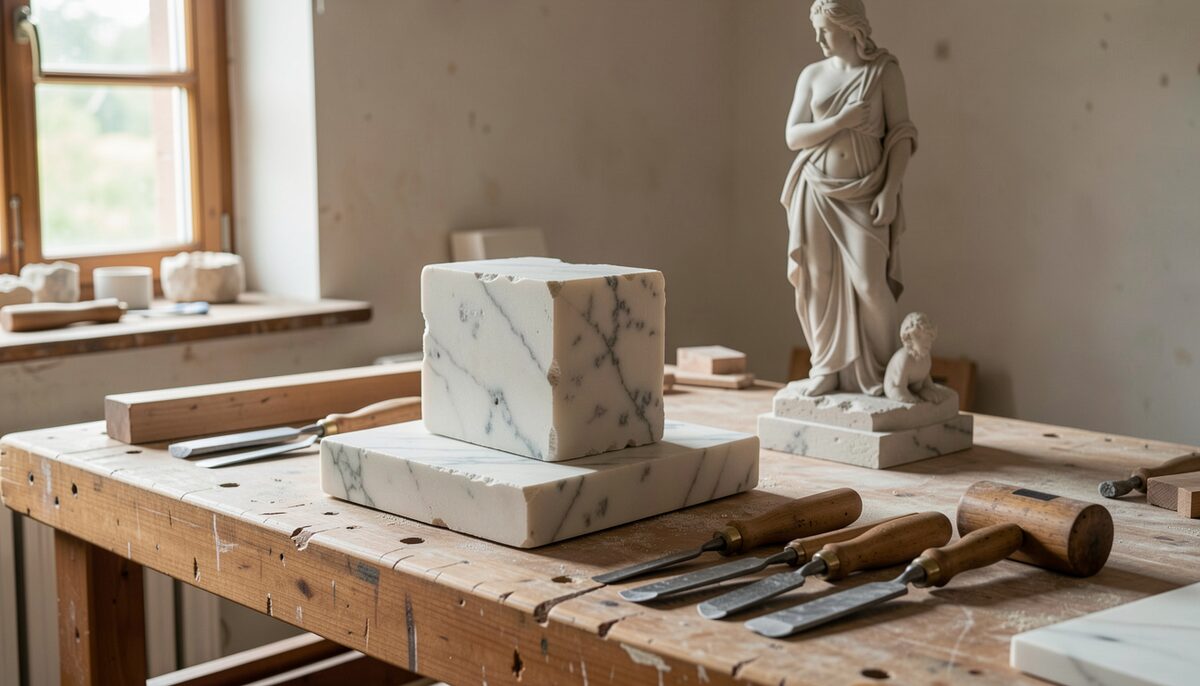 A stone carving workshop bathed in natural light, with a marble block on a wooden workbench, various chisels and a mallet laid out, and a plaster model of a figure in the background.